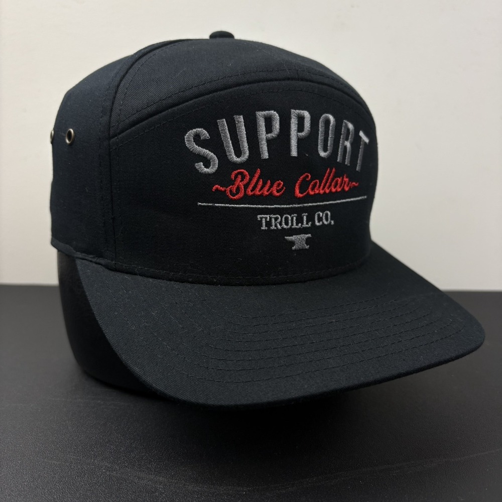 Troll Co Clothing Support Blue Collar Black 7 Panel Flat Bill Strapback Hat Cap